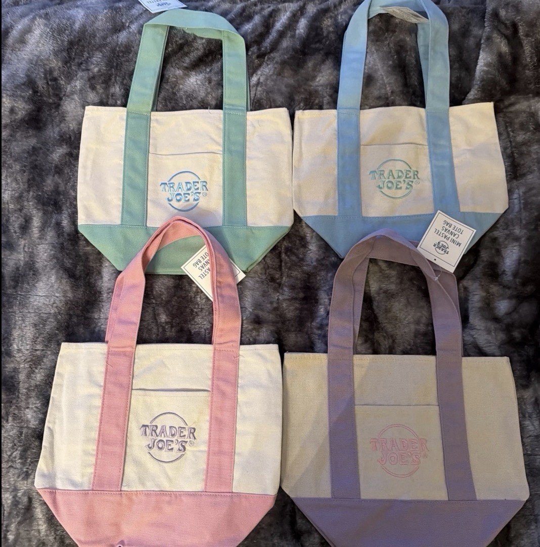Trader Joe’s Mini Pastel Canvas Tote Bag Set Of 4 2026 Purple Green Blue Pink