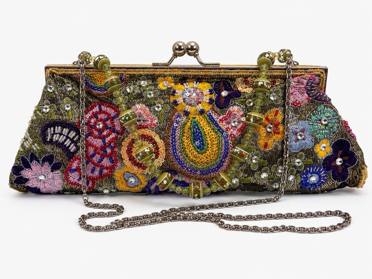 Max Mayer Beaded Floral Evening Bag Clutch Purse Chain & Beaded Strap Boho