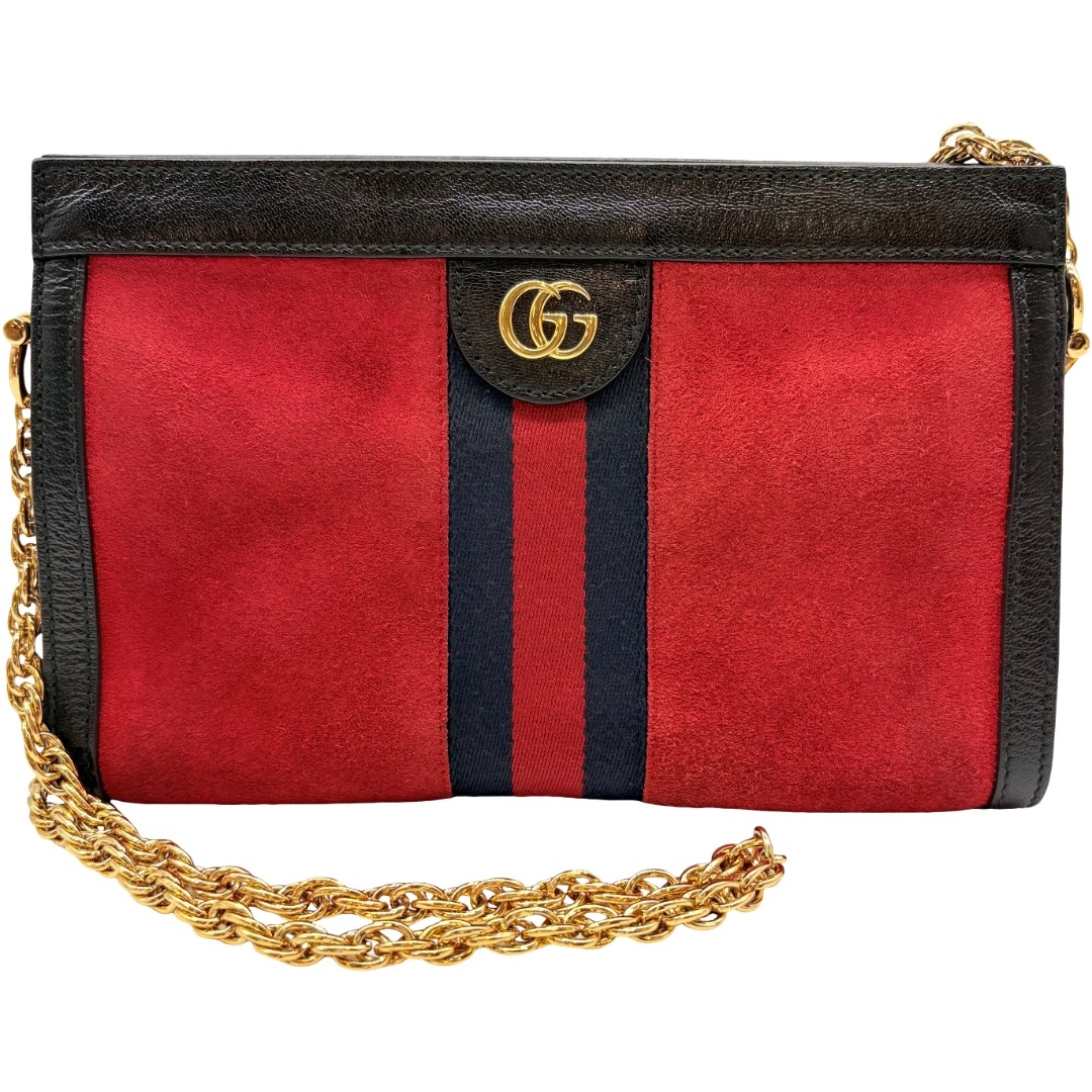 Auth GUCCI Ophidia GG Web Stripe Chain Shoulder Bag 503877 Red Suede #36638495