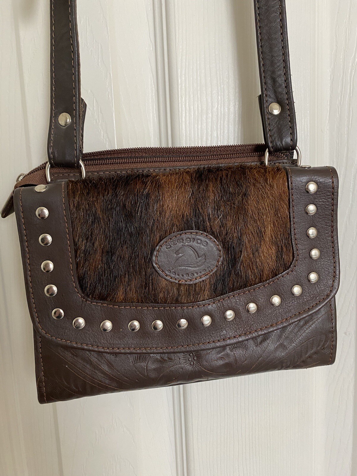 Sergio’s Collection Purse Leather Fur Crossbody Vintage Western Hand Tooled Rare