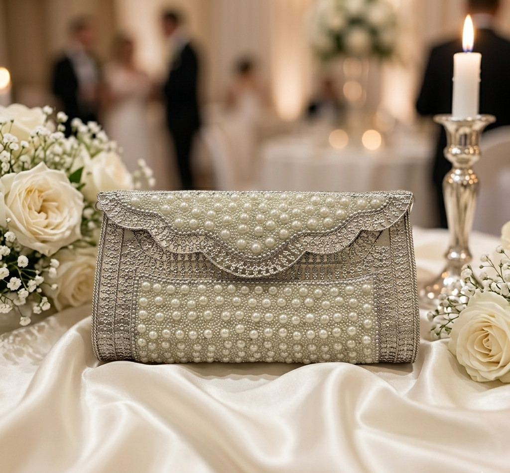 Pearl Embellished Bridal Clutch Purse Women Wedding Evening Bag Silver Handbag