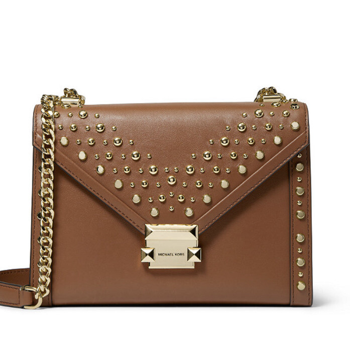 New Michael Kors Whitney Leather Shoulder Bag luggage Gold stud trim handbag