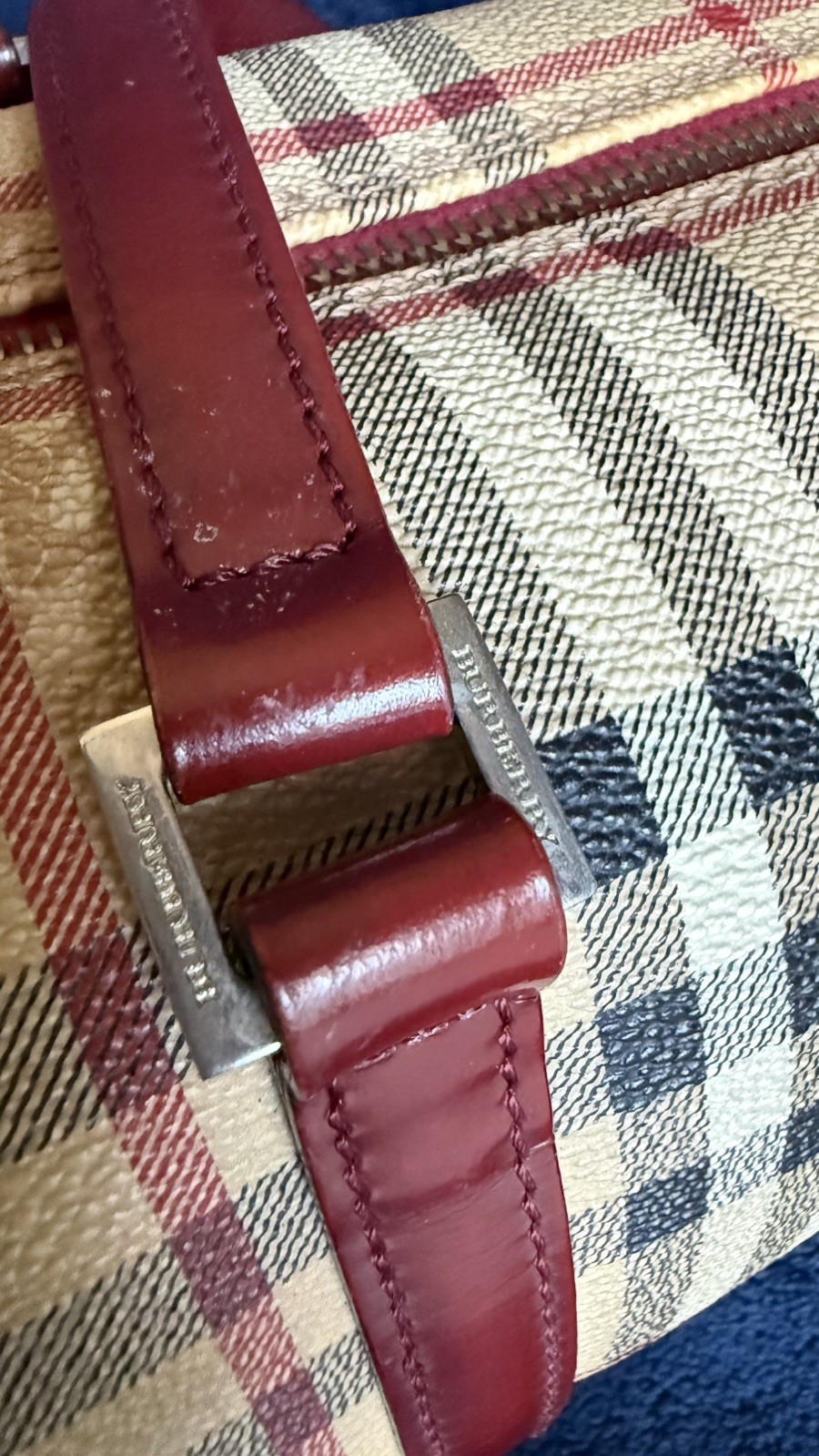 Authentic Vintage Burberry Barrel Bag – Iconic House Check with Red Leather Trim