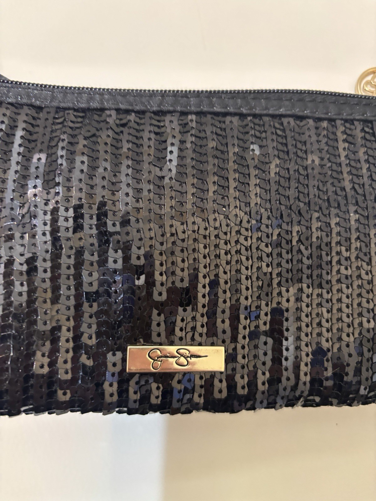 Black Sequin Rectangle Wristlet Clutch Purse Bow Accent Zip Gold Hardware