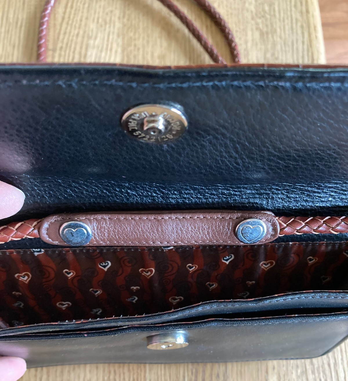 Brighton Black Brown Embossed Leather Flap Snap Zip Crossbody Clutch Organizer