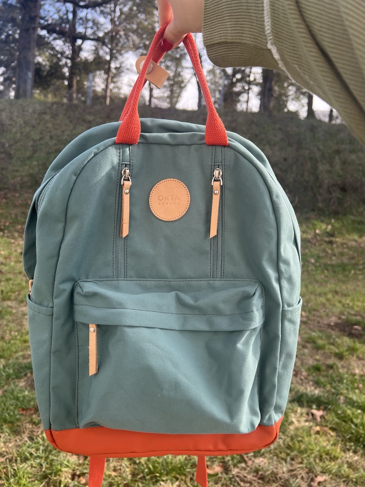 Himawari Waterproof Canvas Backpack Bag with Side Pockets Teal green -orange
