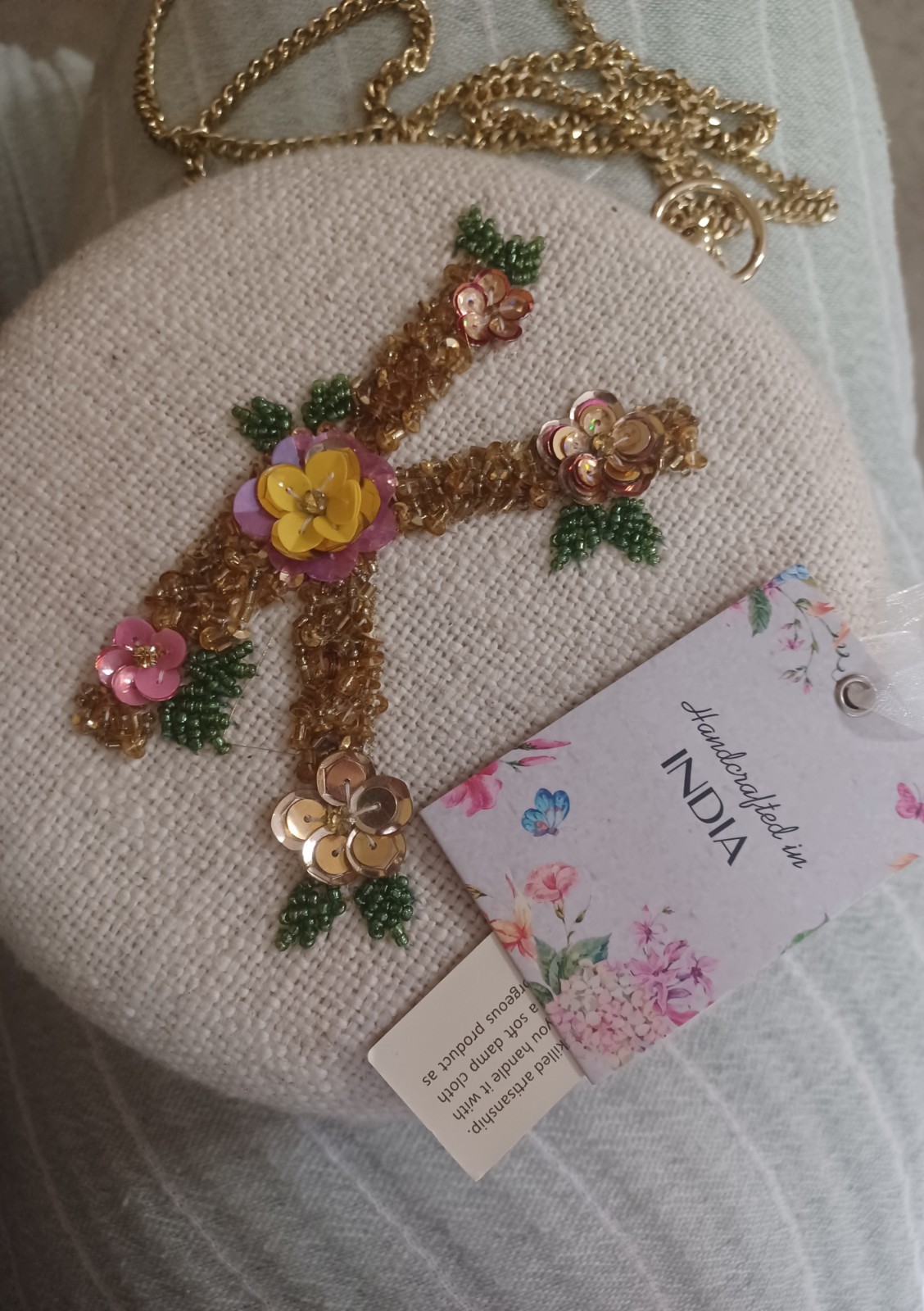 handcrafted beaded initial bag from India