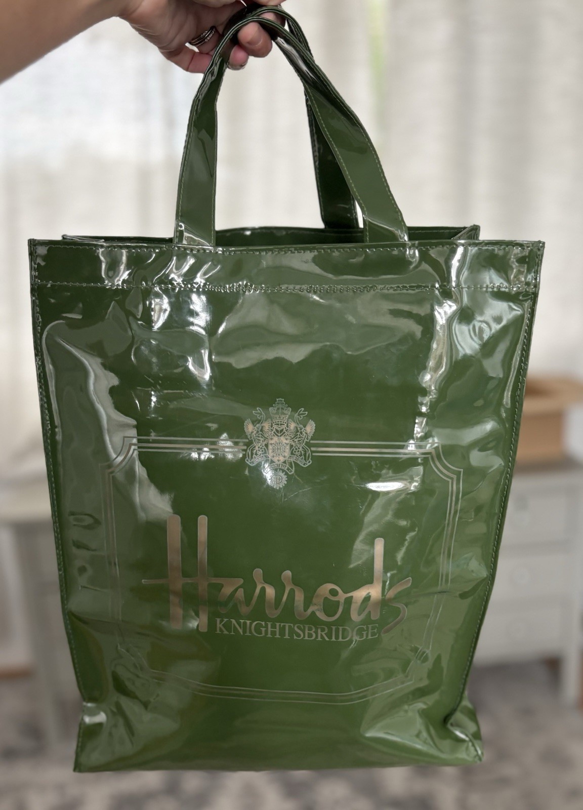 Harrods Knightsbridge Green Glossy PVC Shopper Tote Bag Zip Pocket 15x12x4