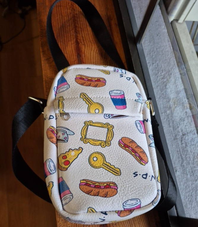 FRIENDS TV Series CROSSBODY BAG BUCKLE DOWN PURSE Allover Print Coffee Cups Keys