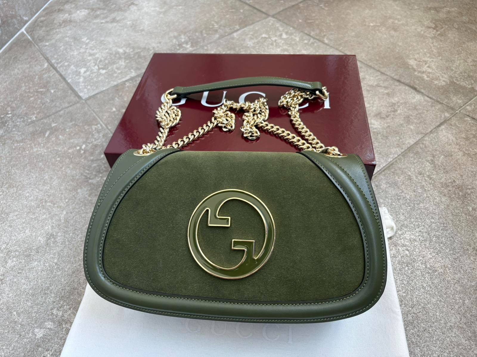 Gucci Blondie Medium Bag Green Leather Chain Strap Gold / Green GG Authentic