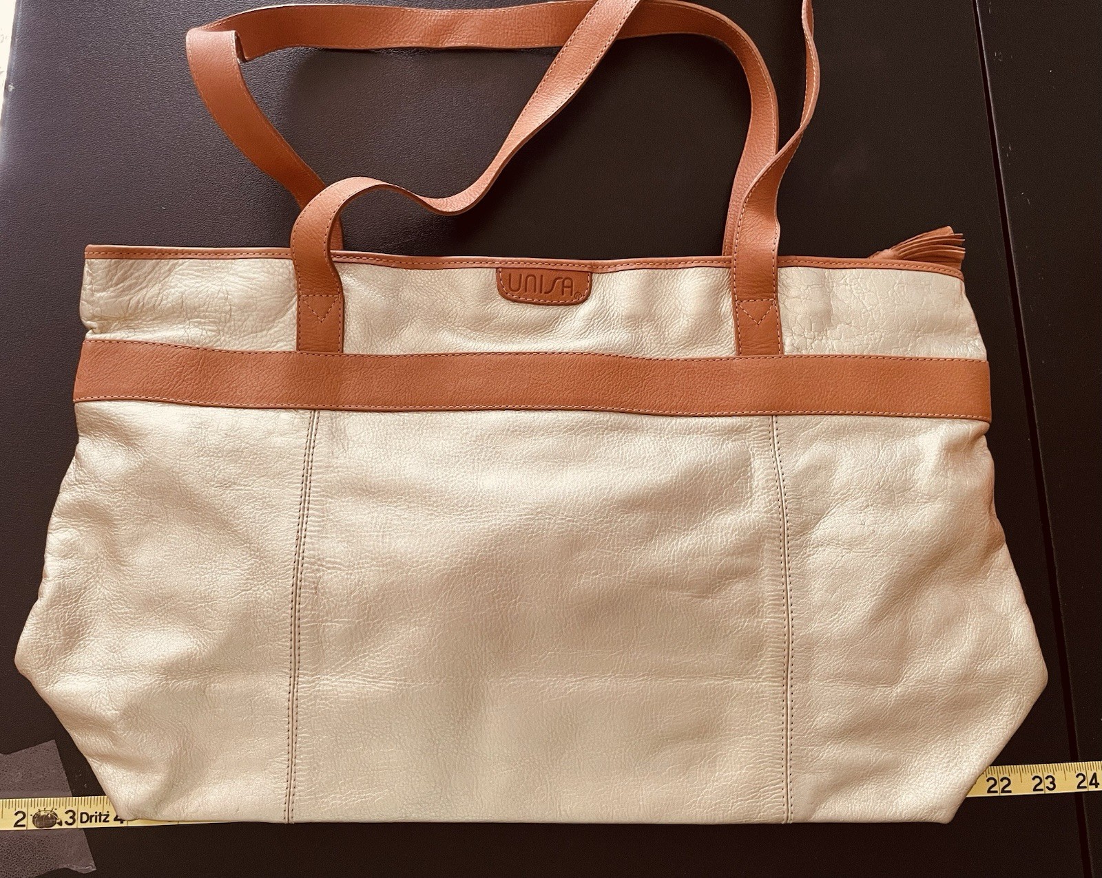 Unisa leather tote bag in a metallic off-white and tan color Large
