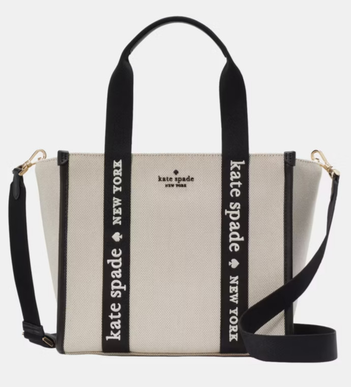 KATE SPADE KIP SMALL TOTE ZIP CROSSBODY CANVAS LOGO BAG PURSE NATURAL BLACK GOLD
