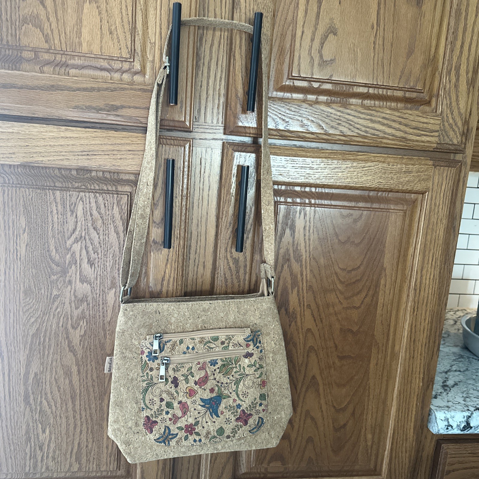 NWOT Natural Cork crossbody purse/handbag, colorful floral Front Eco-friendly