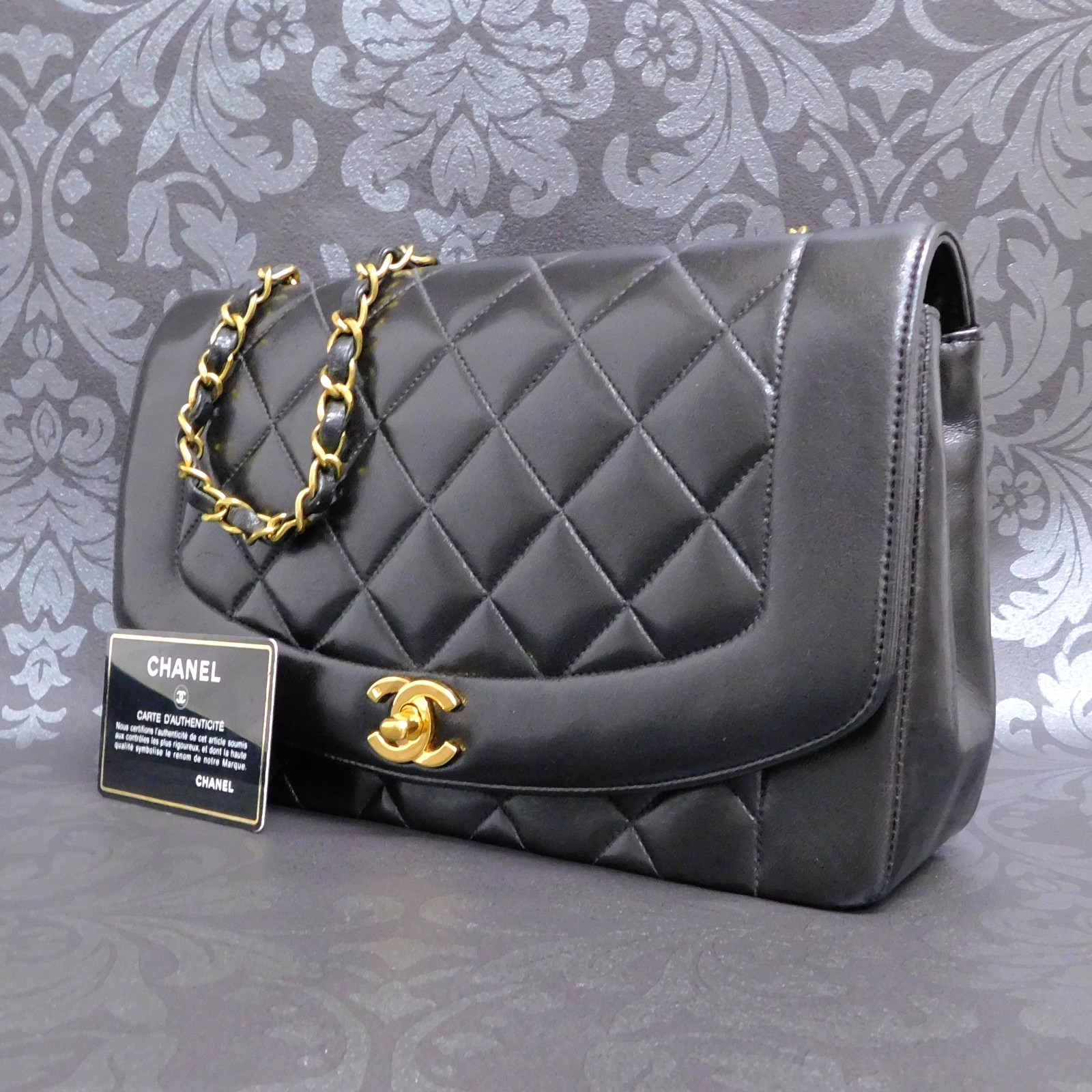 CHANEL Lamb Skin Leather Matelasse Diana 25cm Medium Flap Bag #2823 Rise-on