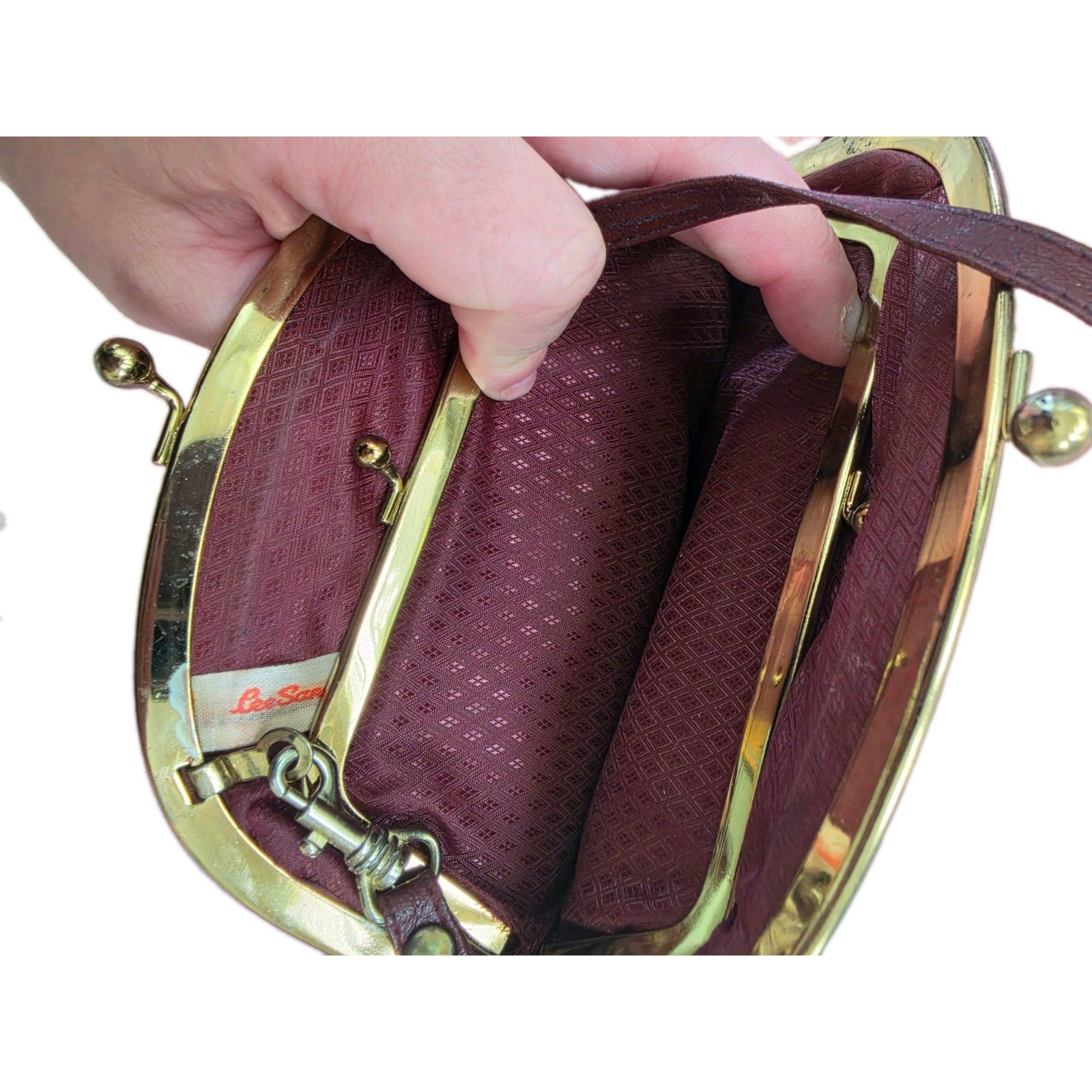 Lee Sands Vintage Red Eel Skin Double Kiss Lock Shoulder/crossbody w/ 27” Drop