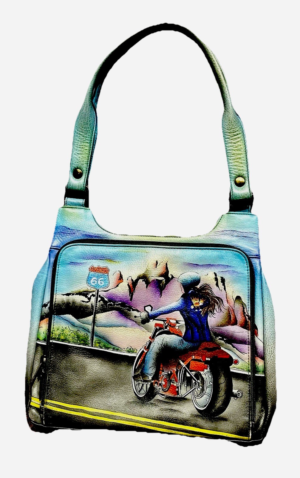 Anuschka Hand Painted Quality Leather Open Road Girl Motorcycle Route 66 Satchel