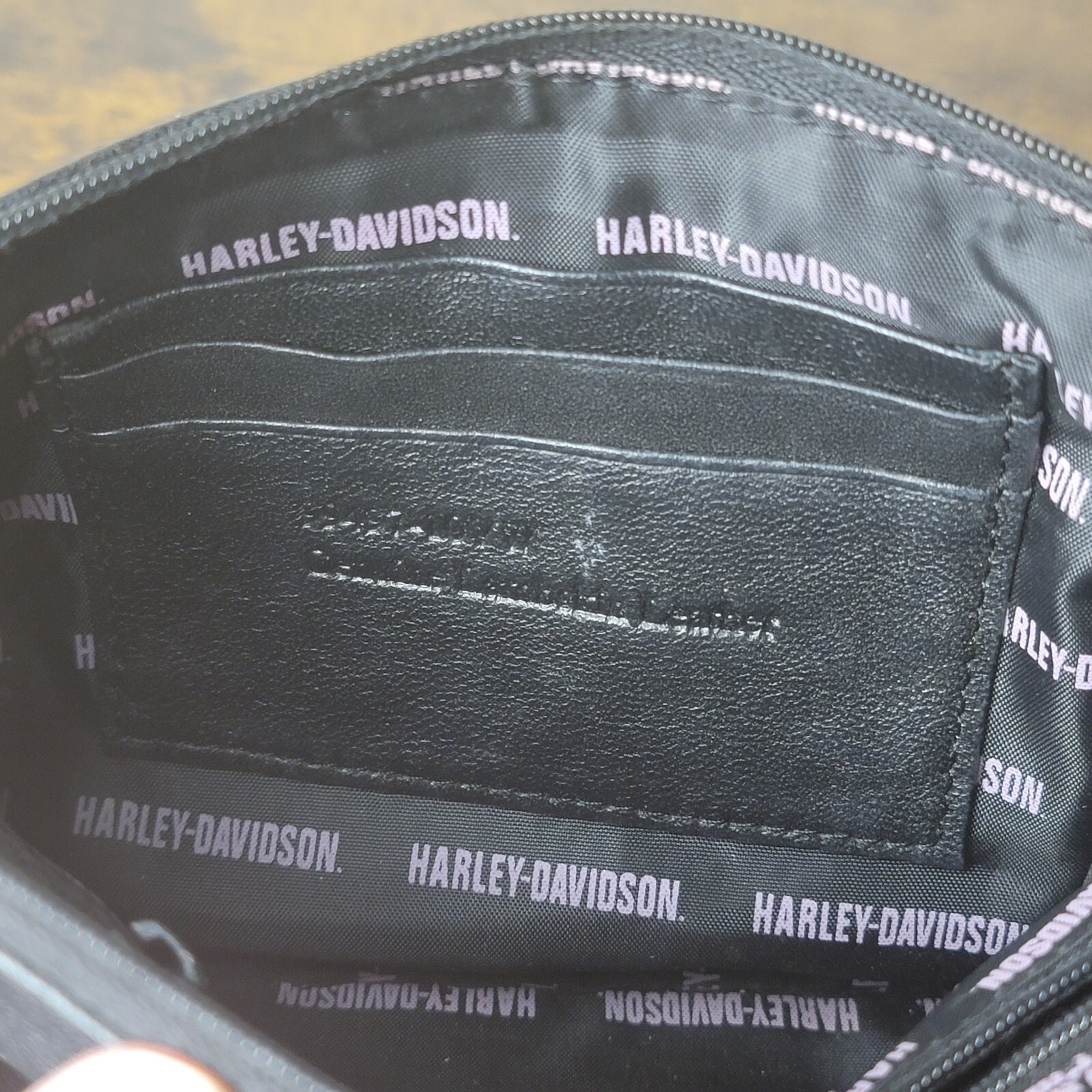 Harley-Davidson Black Leather Wristlet Clutch with Pink Rhinestone Logo