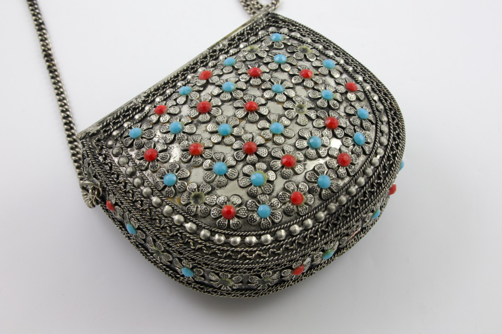 Sajai India Silver Tone Metal Floral Scroll Beaded Crossbody Purse For Repair