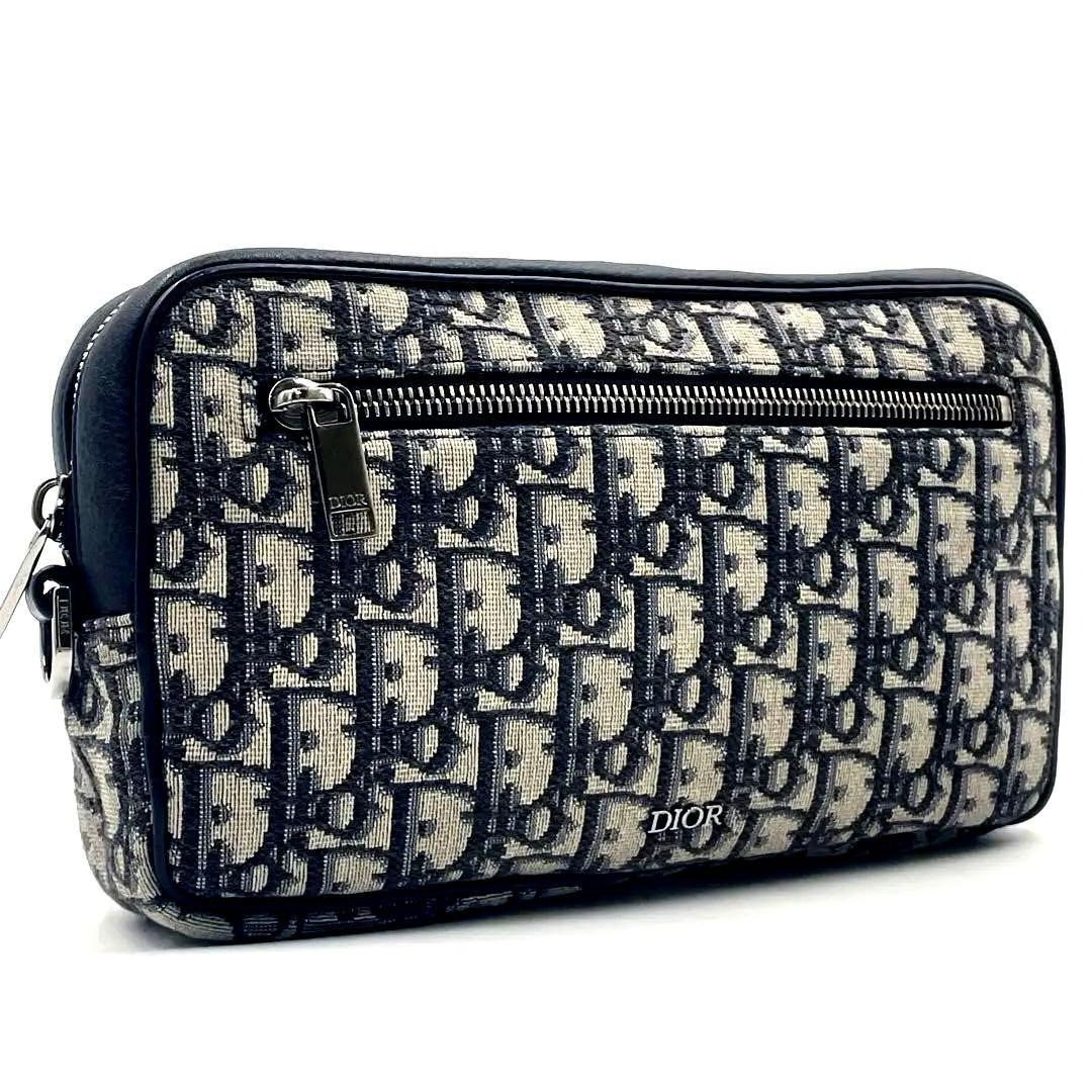 CHRISTIAN DIOR Oblique Jacquard Pouch Clutch Bag Hand Bag Canvas Beige x Navy
