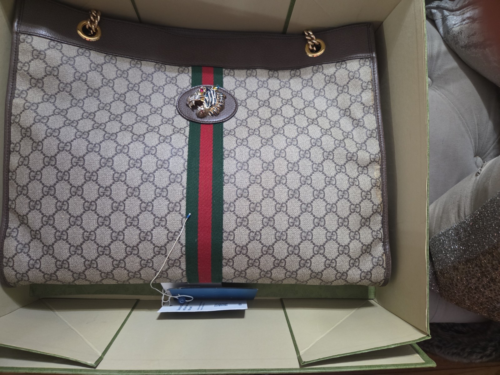 GUCCI RAJAH TIGER CHAIN GG TOTE COATED CANVAS LARGE SUPREME W/POUCH MONOGRAM Box