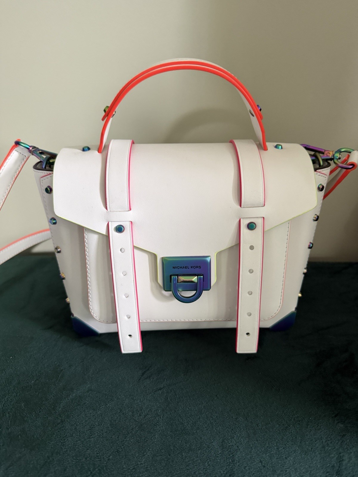 Michael Kors White Small Satchel Top Handle Crossbody Push Lock Rainbow Hardware