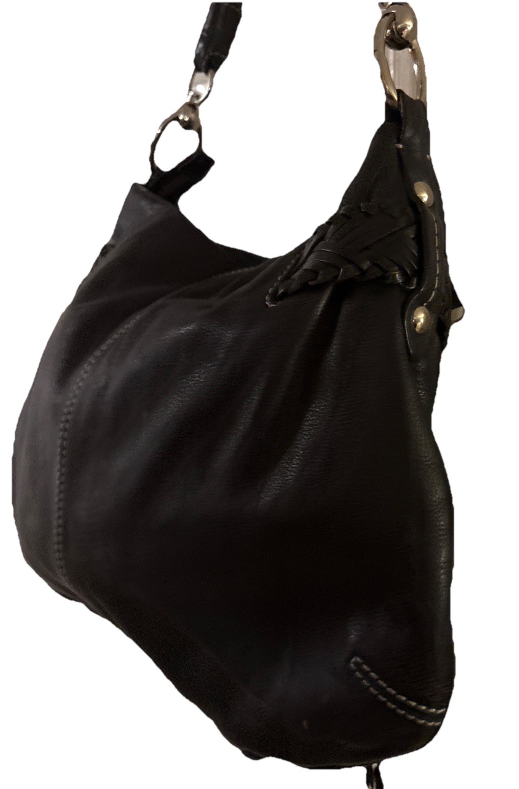 VIA SPIGA BLACK Leather Braided Quality Silver Decorative Shoulder Bag