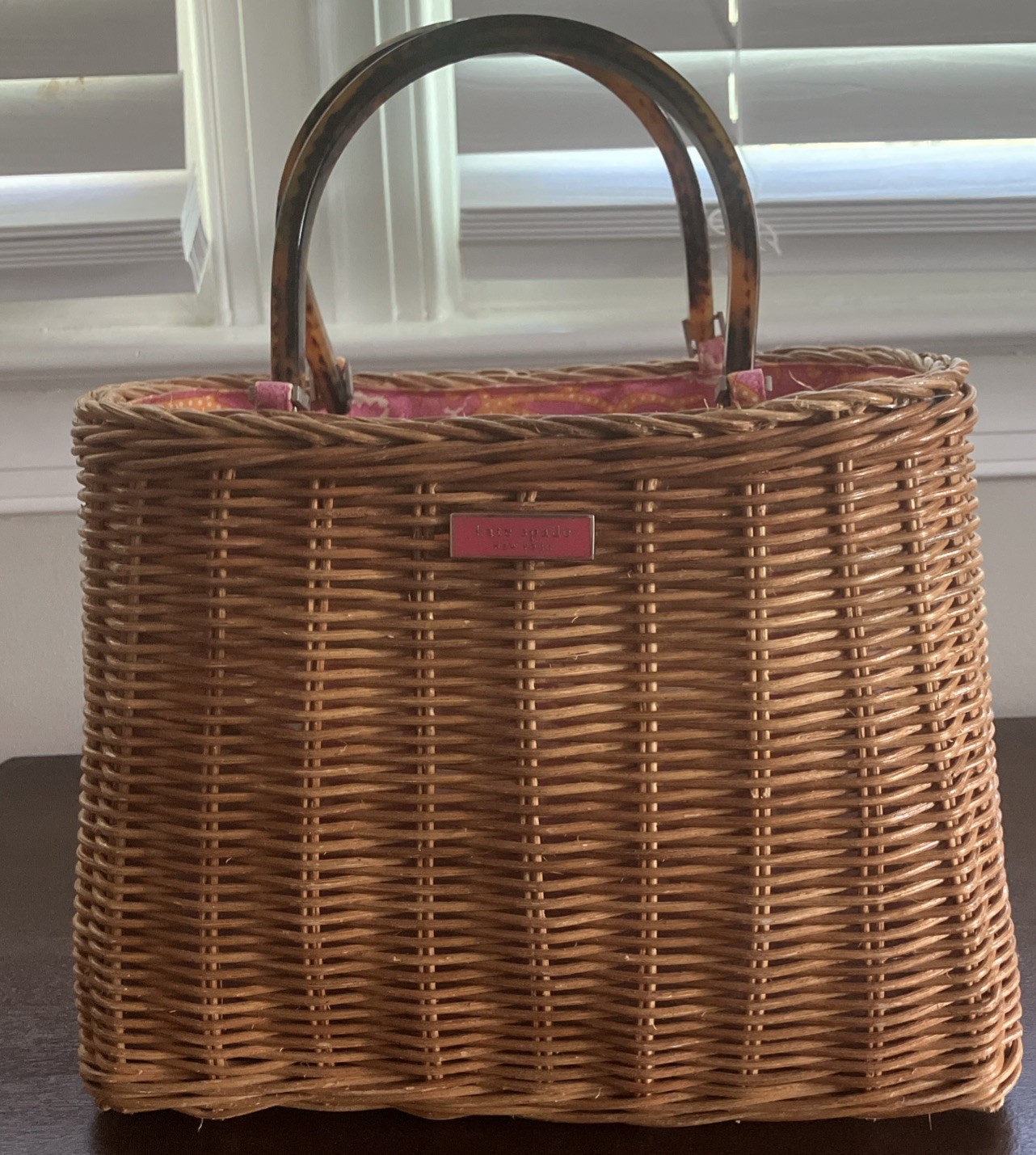 Kate Spade Gracie Wicker Handle Satchel Bag Tortoise Vintage Basket Pink Paisley