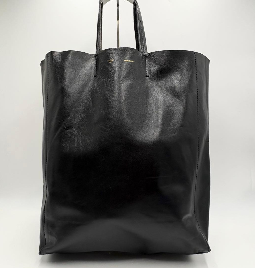 CELINE Horizontal Cabas Tote Bag Black Leather A4 Italy Phoebe Old Logo Auth