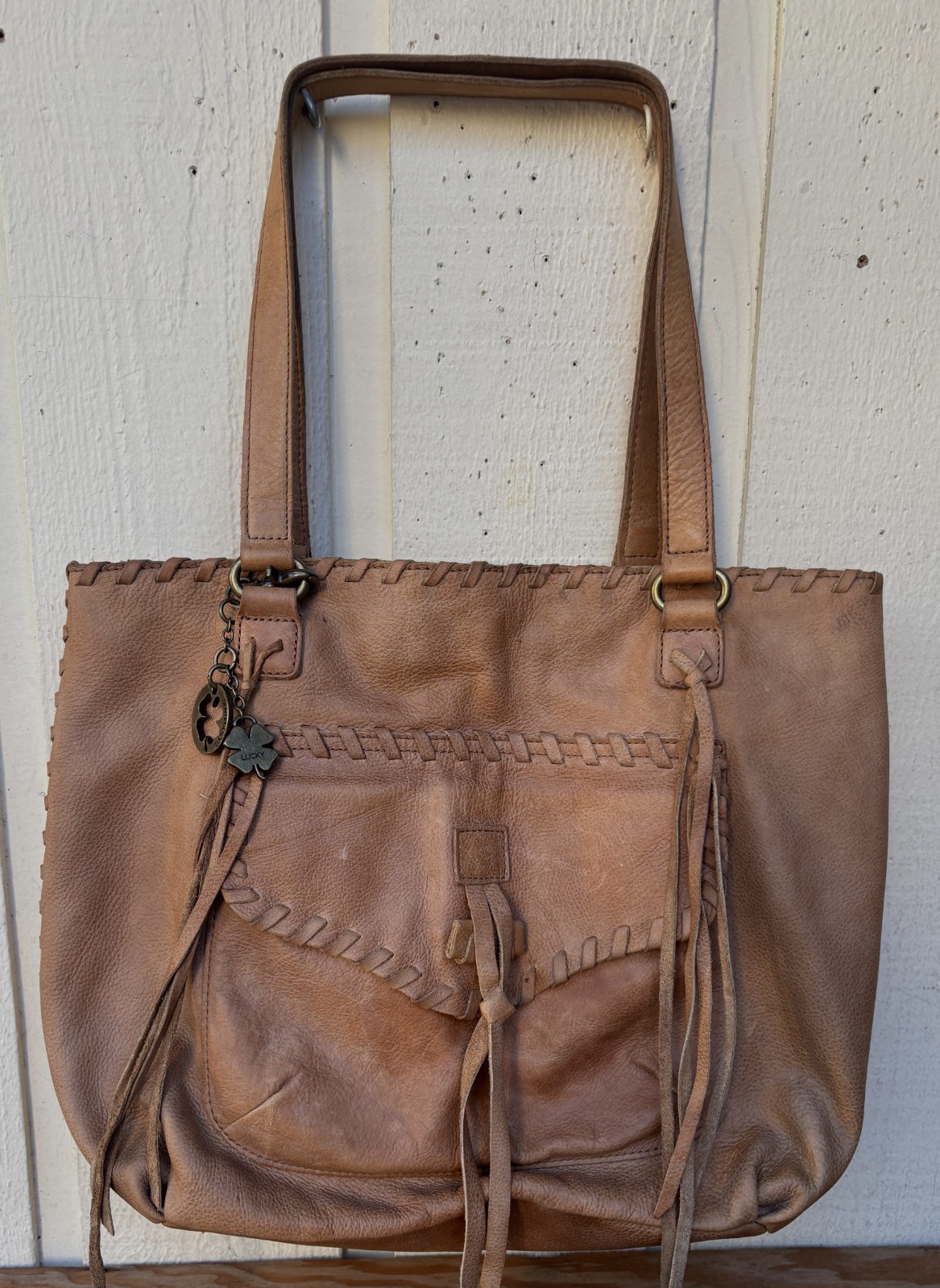 Lucky Brand genuine leather tote shoulder bag in a tan/cognac color