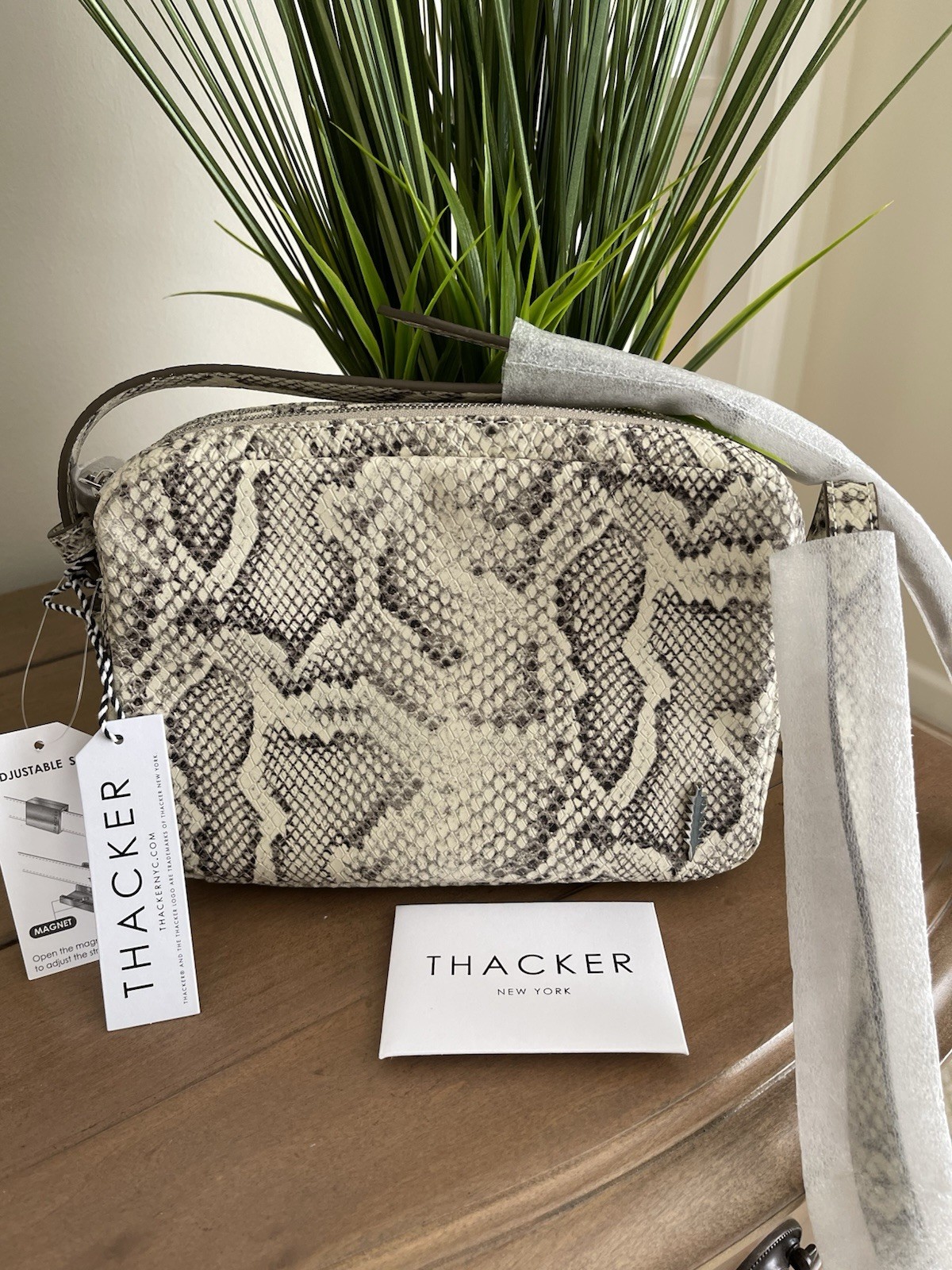THACKER New York Snake Print Zip Crossbody Bag Medium Gray Black Detachable