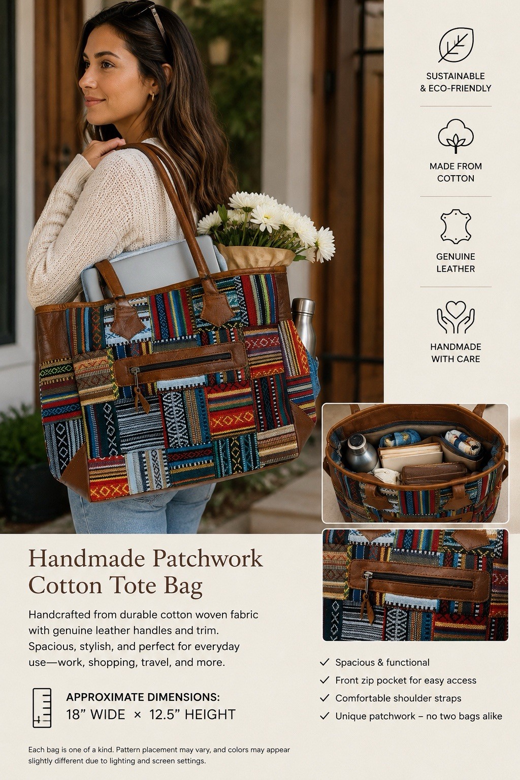 Handmade patchwork tote bag, multicolor/brown, double handles, pockets