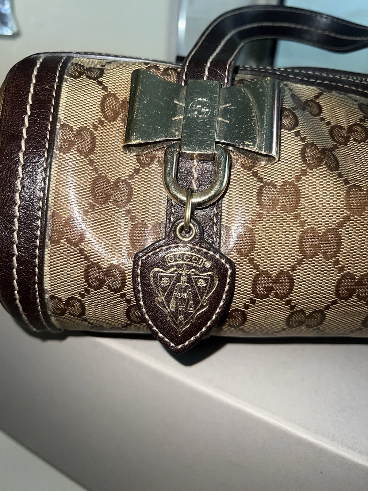 Gucci GG Monogram Small Barrel Satchel Top Handle Zip Brown/Beige Bag Charm