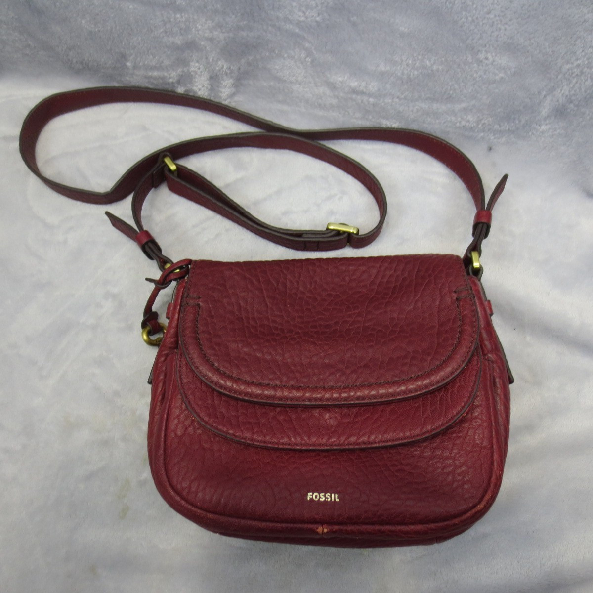 Fossil Peyton Crossbody Purse Wine Pebbled Leather Double Flap Retro Saddle Bag