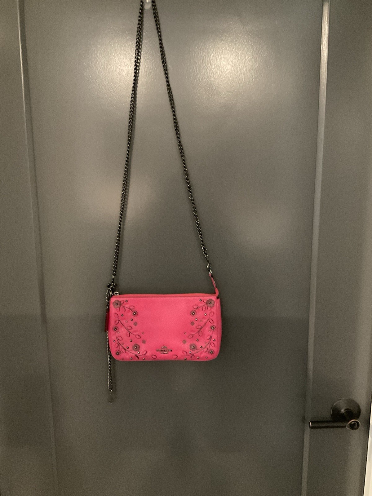 Coach Pink Floral Studded Small Crossbody, Zip, Chain Strap, Dust Bag