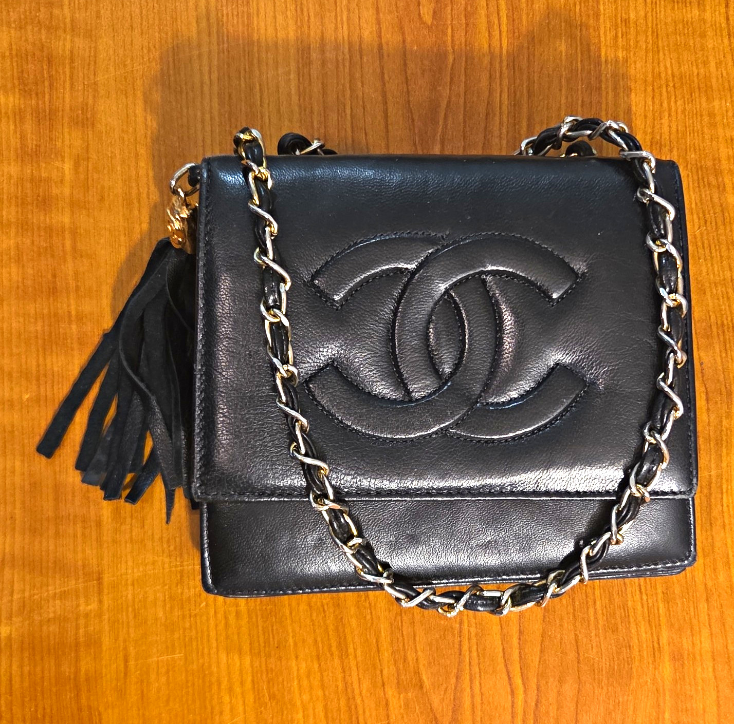 CHANEL Black Logo Tassel Chain Crossbody Bag Magnetic Flap Detachable Strap