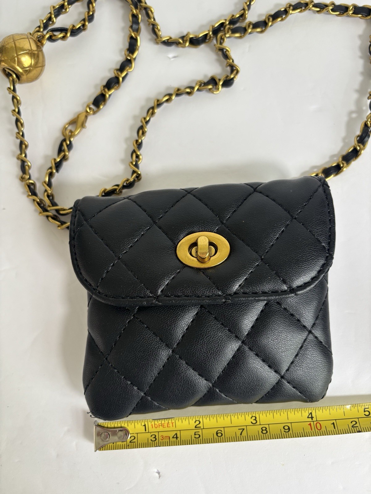 Black Quilted Mini Crossbody Bag Gold Chain Strap Flap Turn Lock Closure
