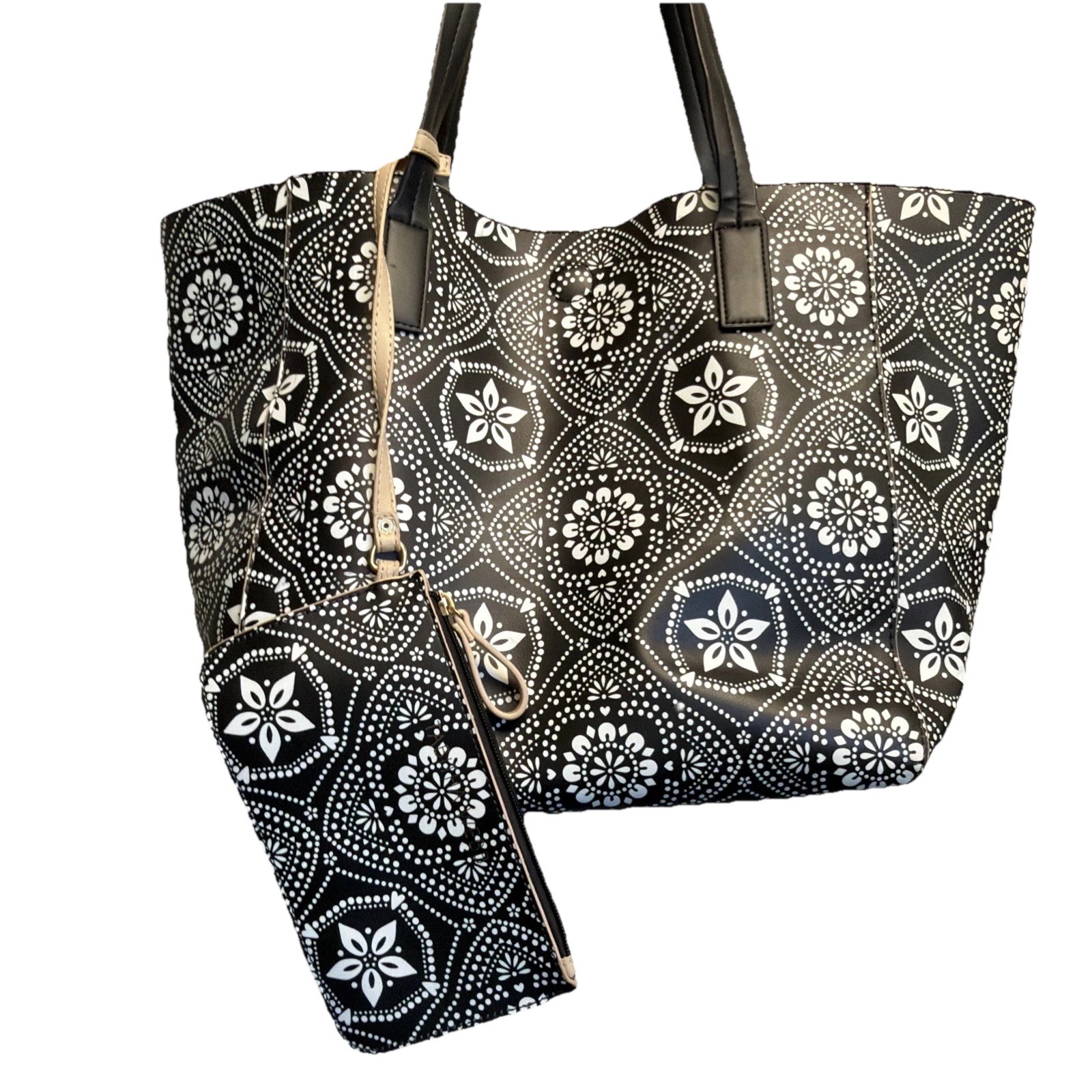 Tabitha Webb Large Floral Tote Mandalas Hearts Black and White with Pouch