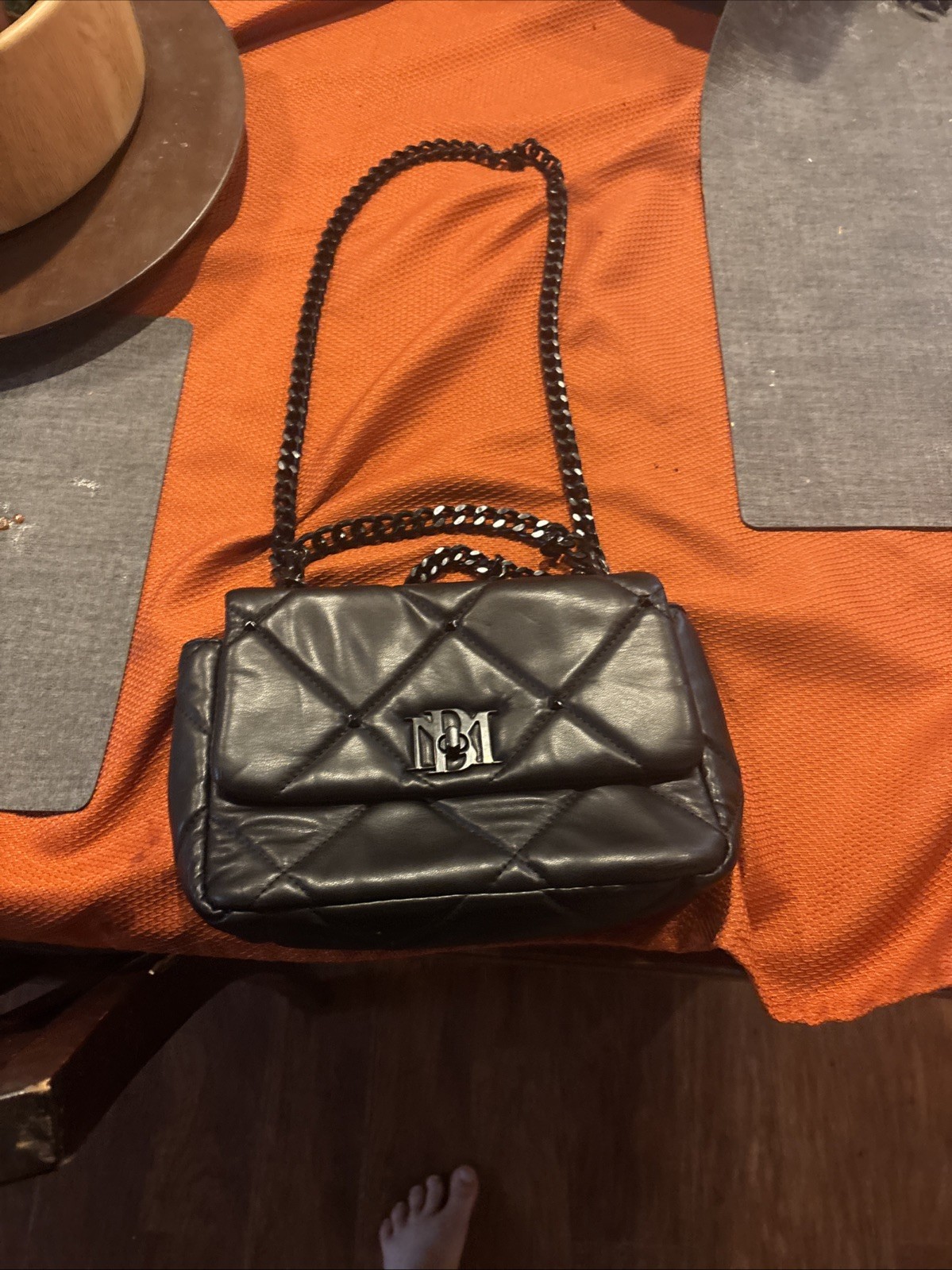 Badgley Mischka Vegan Leather Quilted Stud Shoulder Bag With Chain Strap, Black