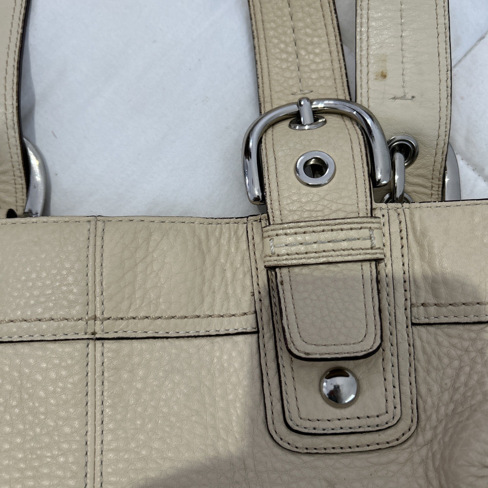 Coach Legacy Tote Bag F13732 Cream Pebbled Leather Satchel Silver Hardware Purse