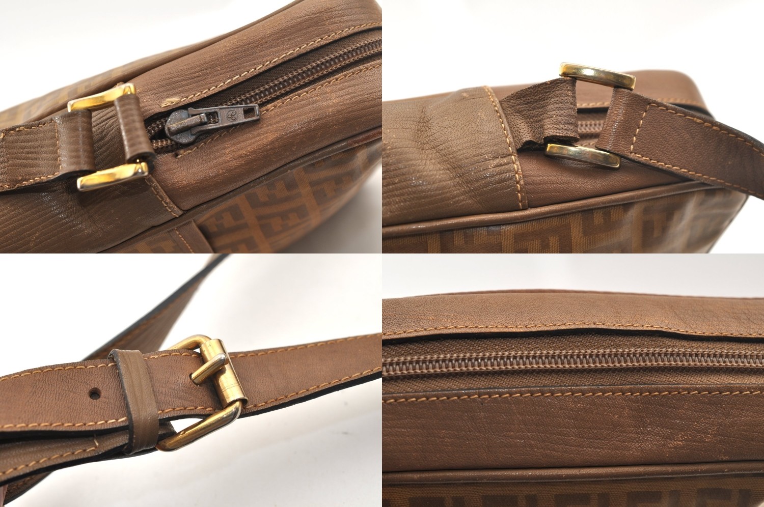 Authentic FENDI Zucchino Shoulder Cross Body Bag PVC Leather Brown AB760