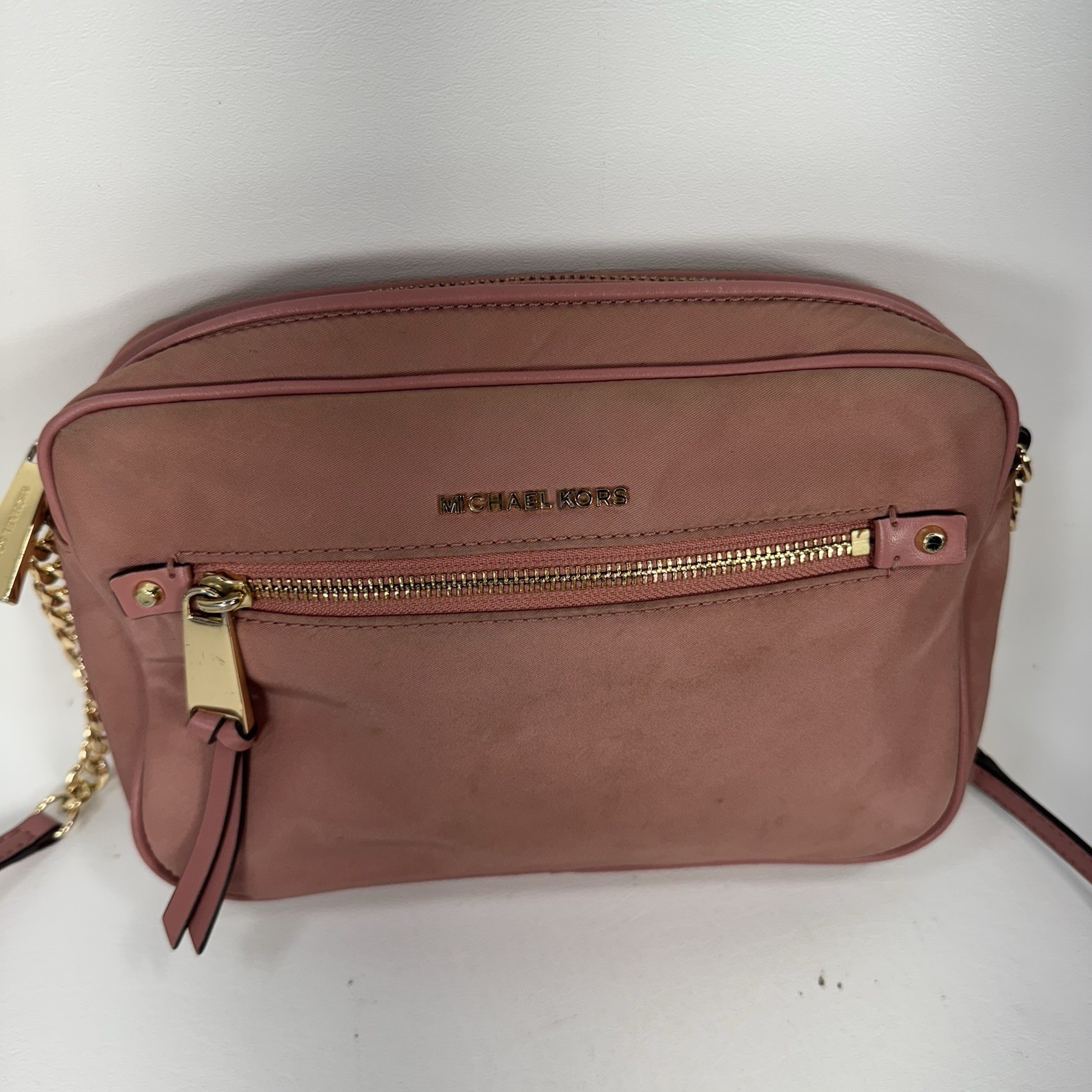 Michael Kors Polly Large Nylon Crossbody Bag Dusty Rose Gold Chain Purse
