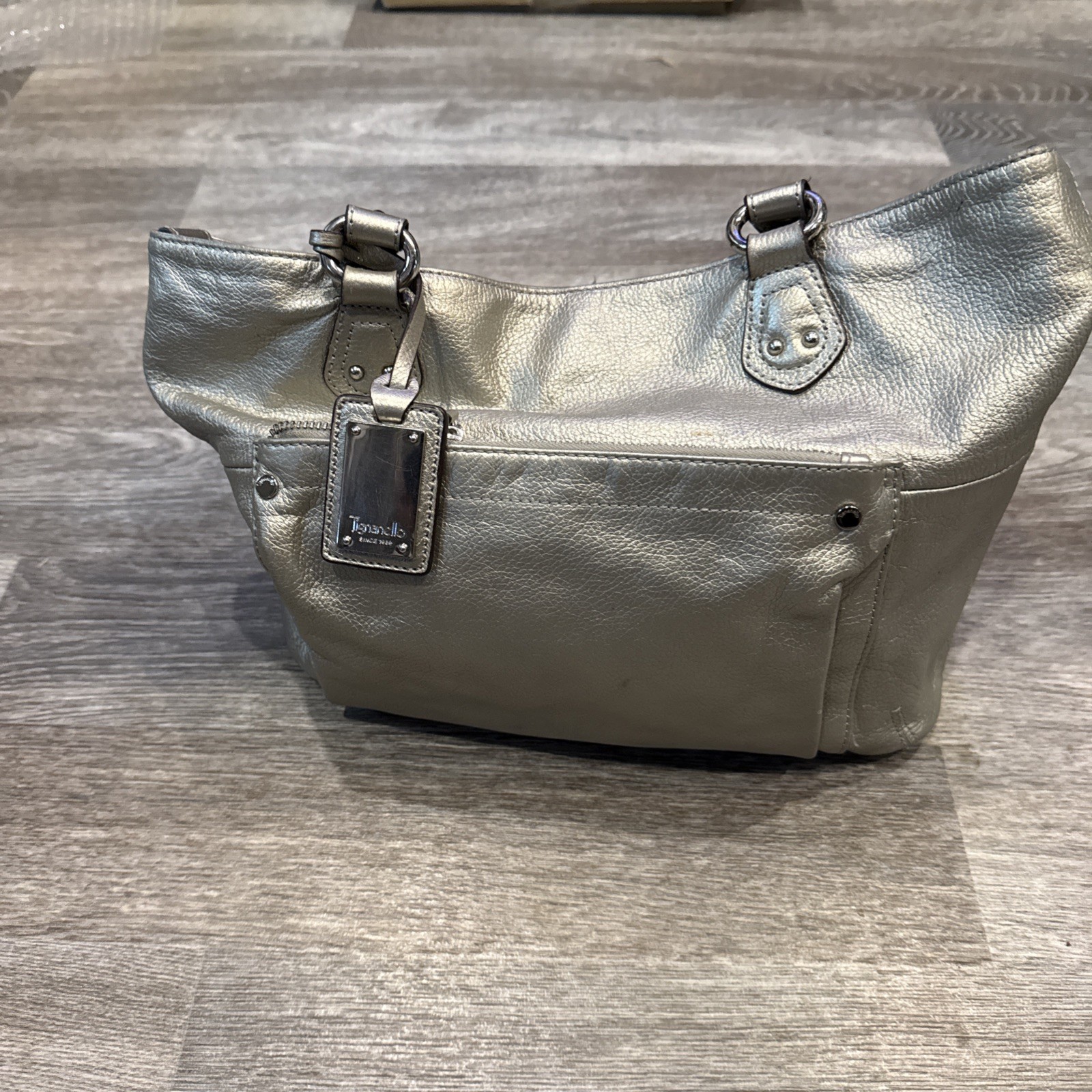 Tignanello Metallic Silver Pebble Leather Tote Shoulder Bag