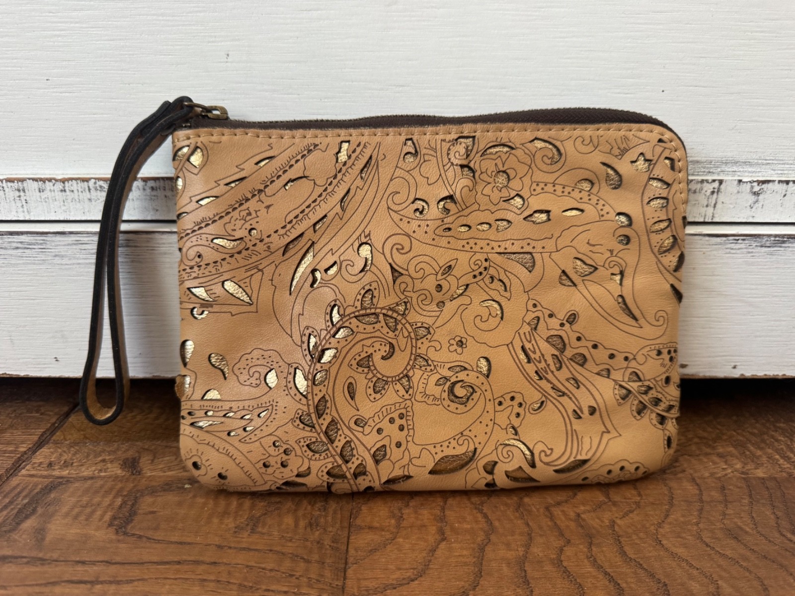 Patricia Nash Cassini Wristlet Wheat Leather Laser Cut Metallic