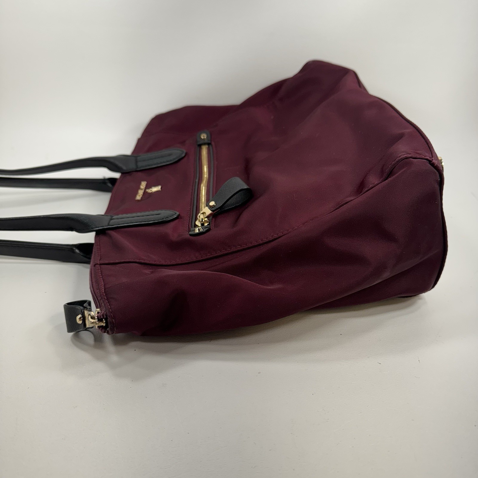 Michael Kors Maroon Nylon Kelsey Tote Bag Gold Hardware Zip Top Shoulder Bag