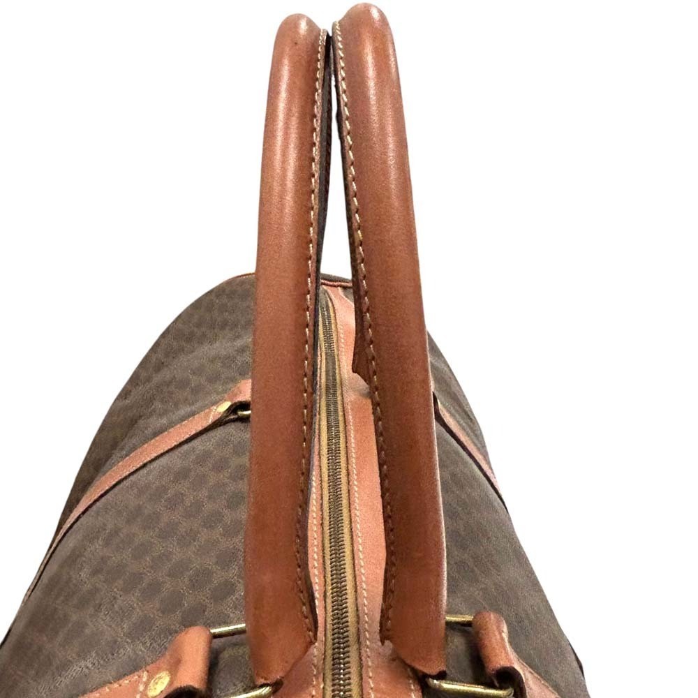 Auth CELINE Macadam Boston Bag Brown Leather Canvas Travel Gold w/Shoulder Strap