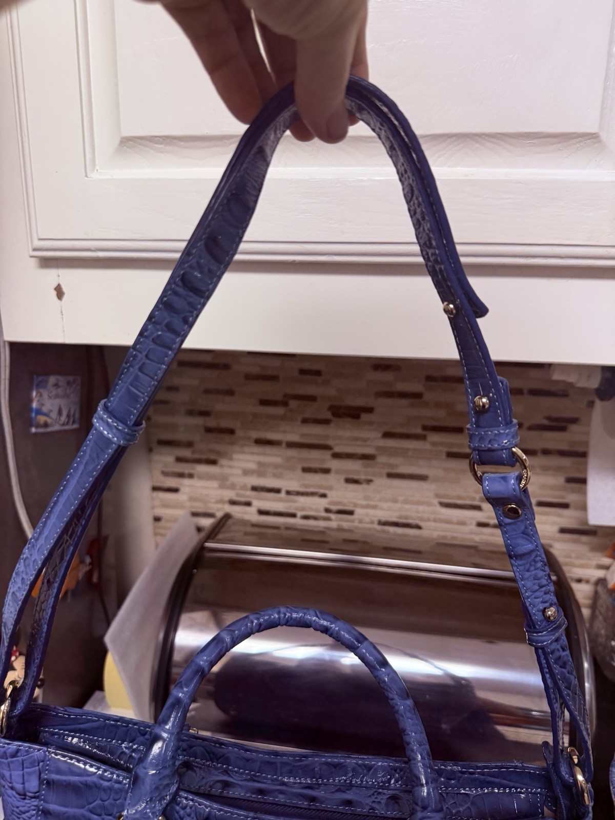 Brahmin Small Lena Satchel Croc Iris Blue Leather Shoulder Handbag Vtg Unused
