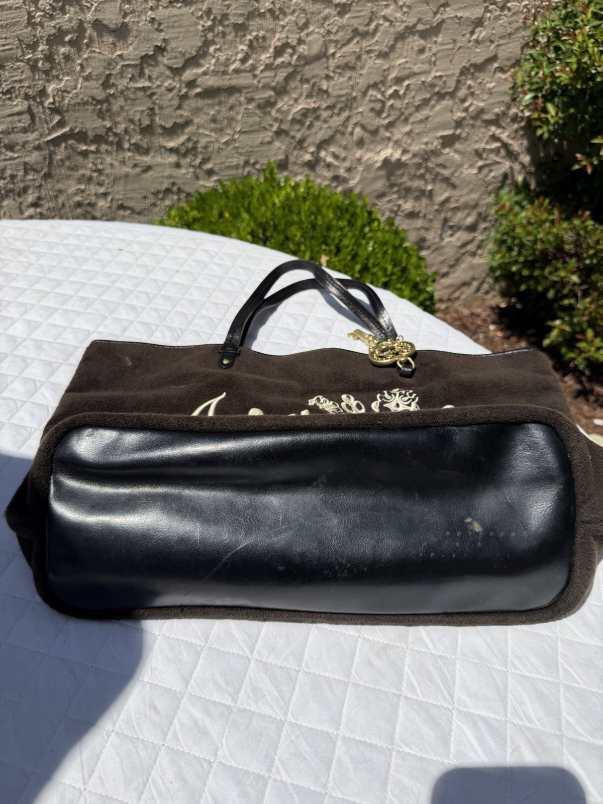 Vintage Y2K Juicy Couture Brown & Black Velour Tote Bag Charm Crown Cursive Logo