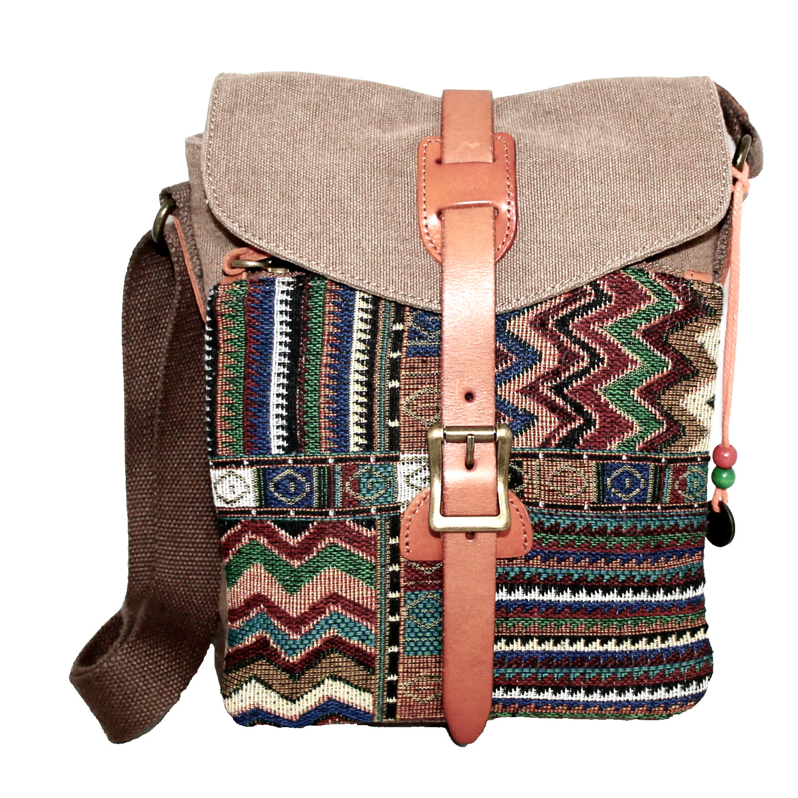 TSD BRAND Four Season Crossbody Bag Coffee Brown Cotton Canvas Leather Trim