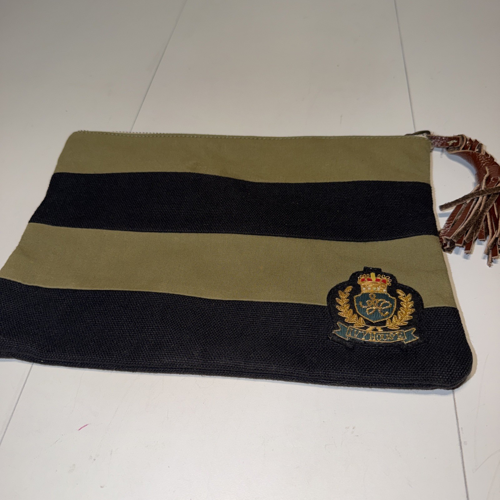 Ivy House Crest Striped Canvas Clutch Bag Pouch Olive Green Black With Tassel