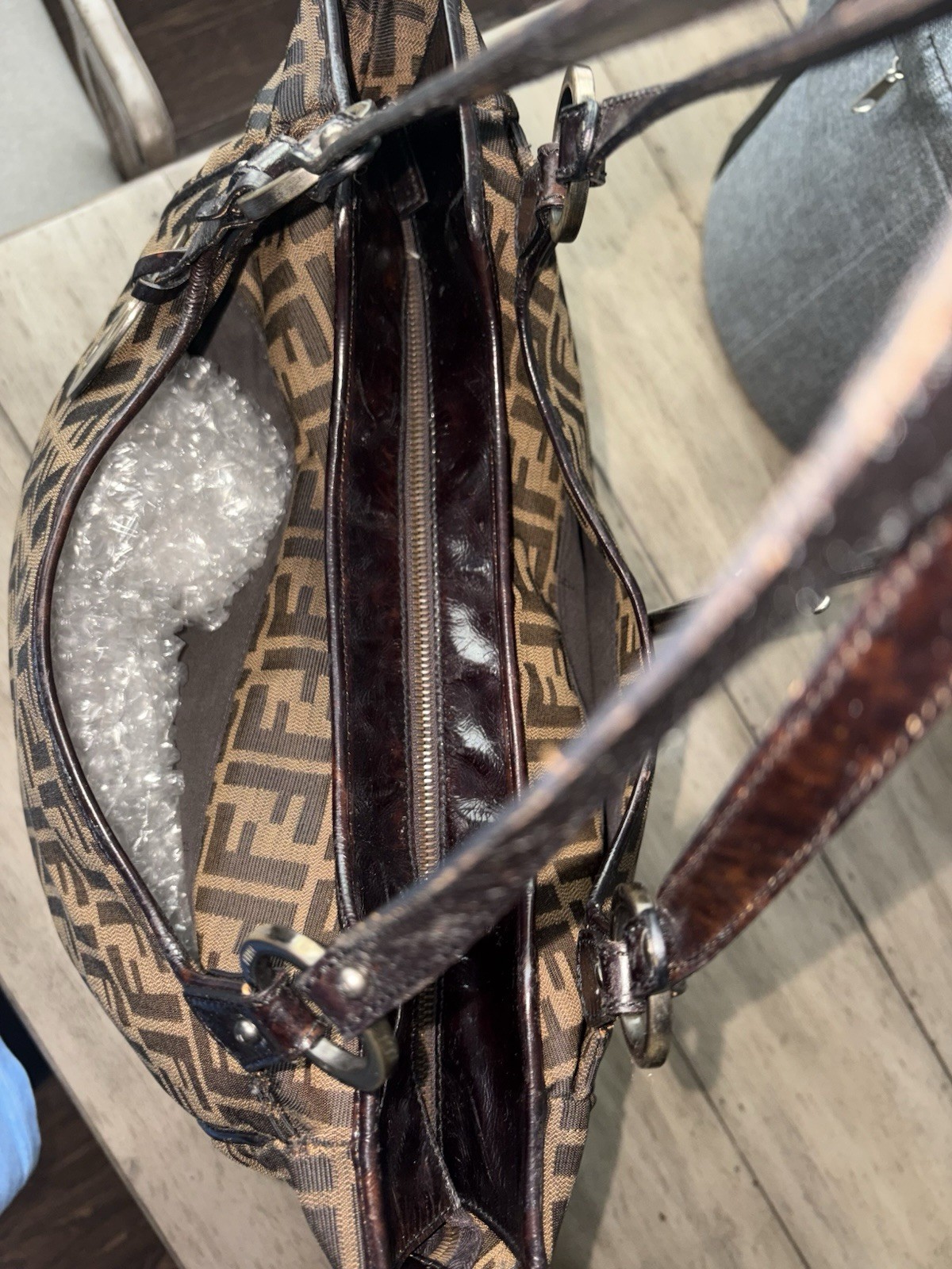 Fendi Zucca FF Monogram Brown Beige Zip Chef’s Tote w/ Charm, Pockets